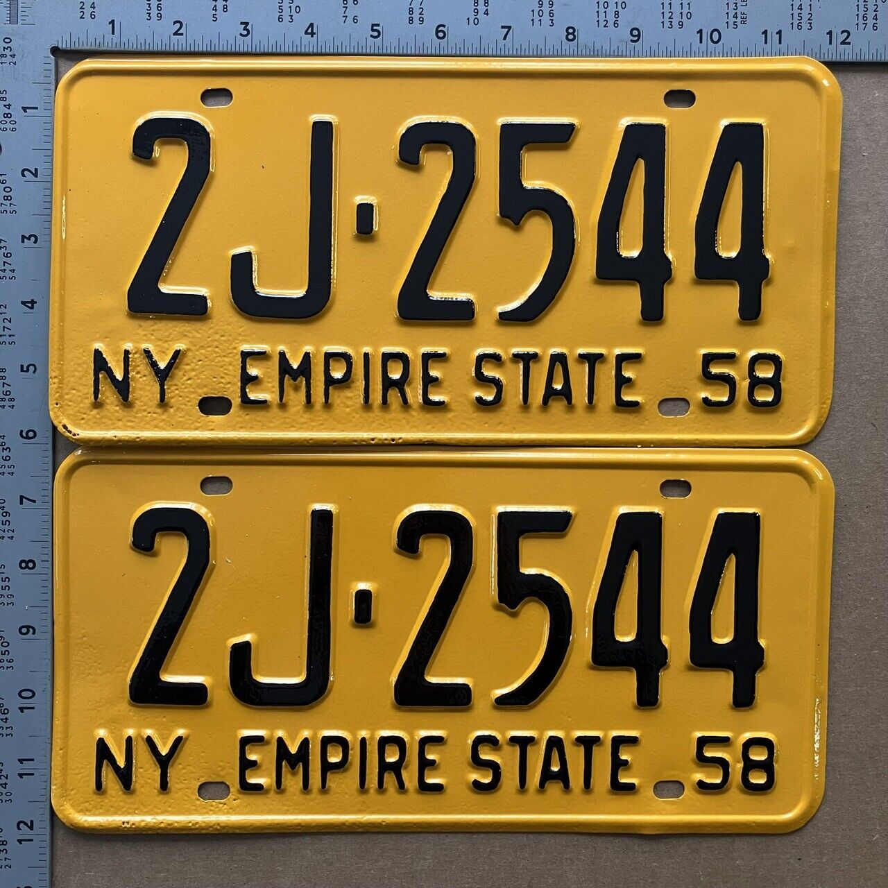 1958 New York license plate pair 2J-2544 YOM DMV Steuben Ford Chevy Dodge 15570