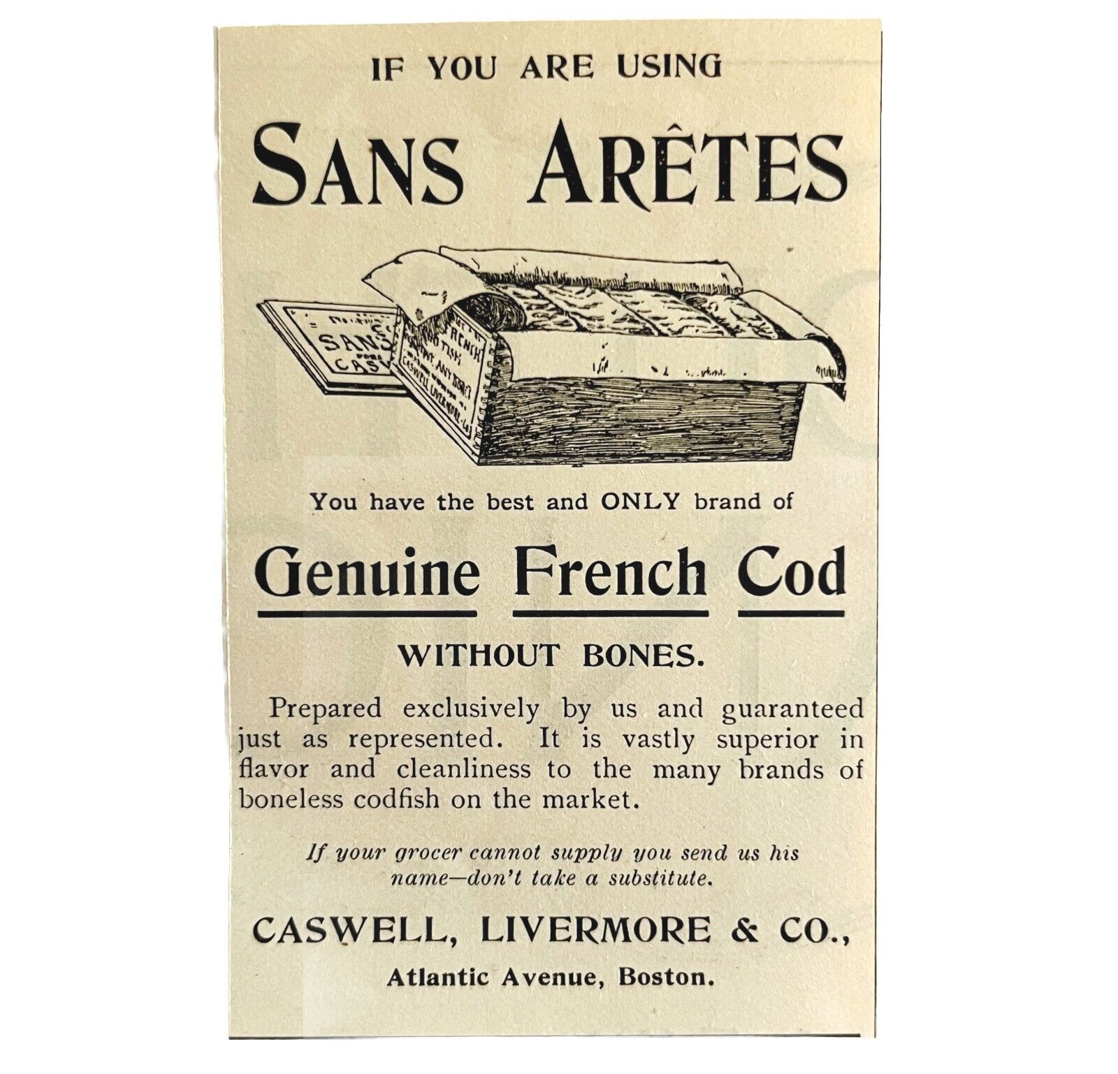 San Aretes Cod Fish 1894 Advertisement Victorian Caswell Livermore 3 ADBN1oo