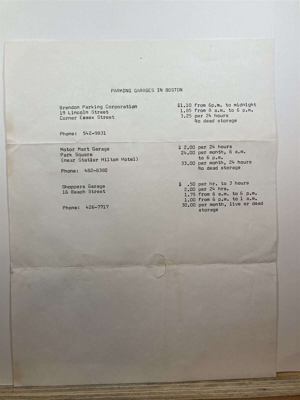 1960\'s 1970\'s Boston Parking Garages Parking Rate Sheet Massachusetts MA Vtg