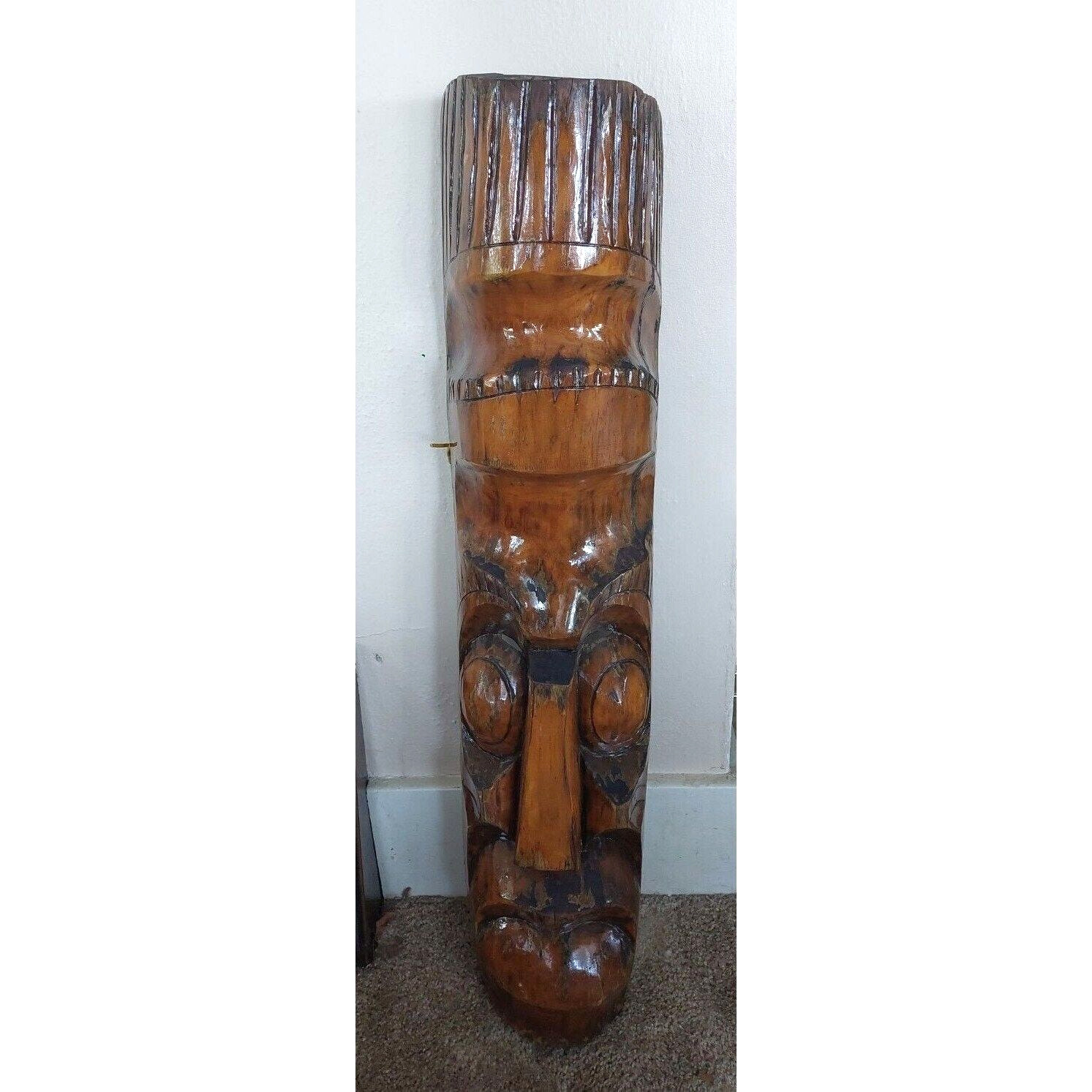 Vintage Hand Carved Wood Totem Wall Art Large Tiki