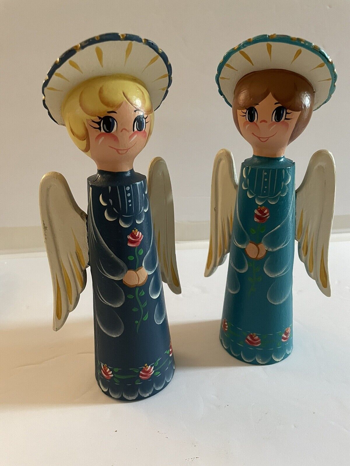 Vtg Russian Handmade Wooden Angels Set Of 2 Signed D Smith 1989 9” Tall