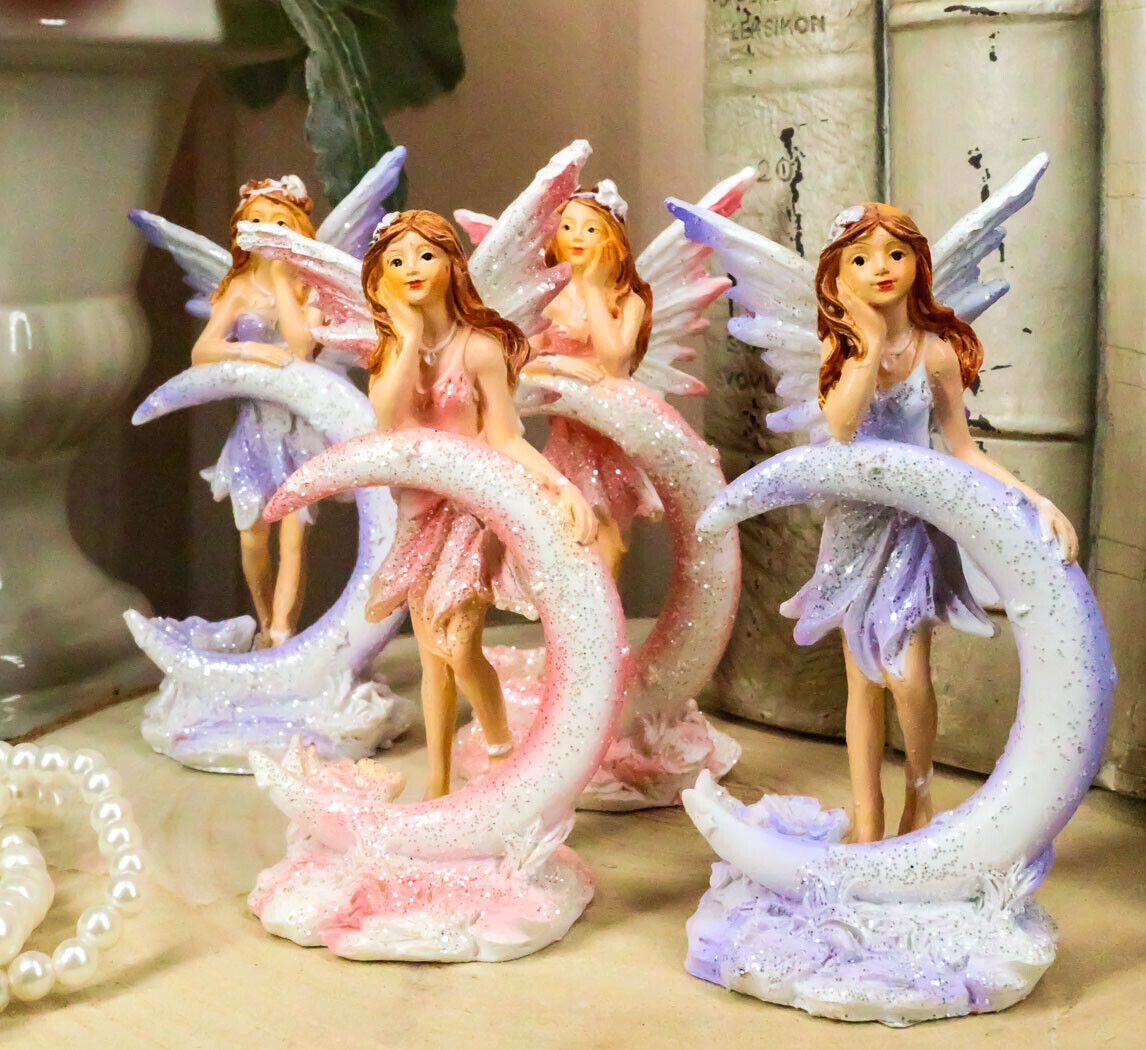 Ebros Set of 4 Colorful Pink and Purple Enchanted Crescent Moon Fairy Figurines