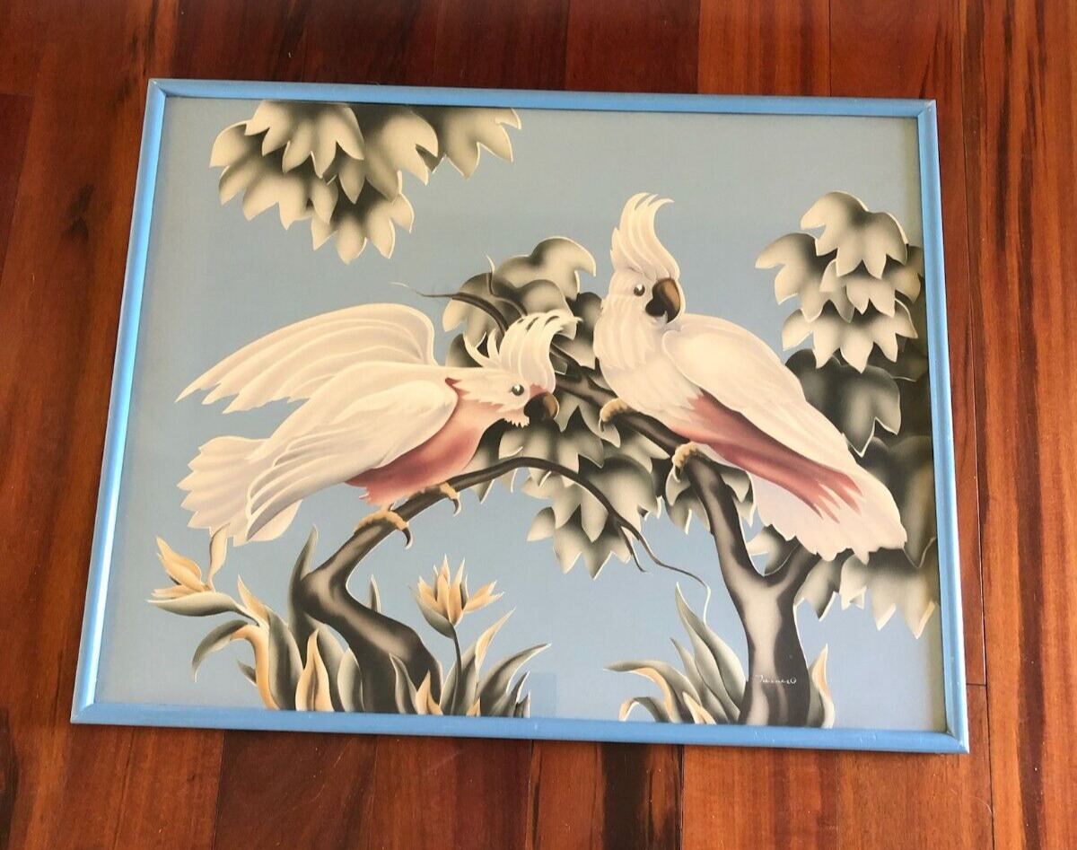 Vintage Turner 50’s Mid Century Cockatoo Cockatiel Birds Framed Lithograph Retro