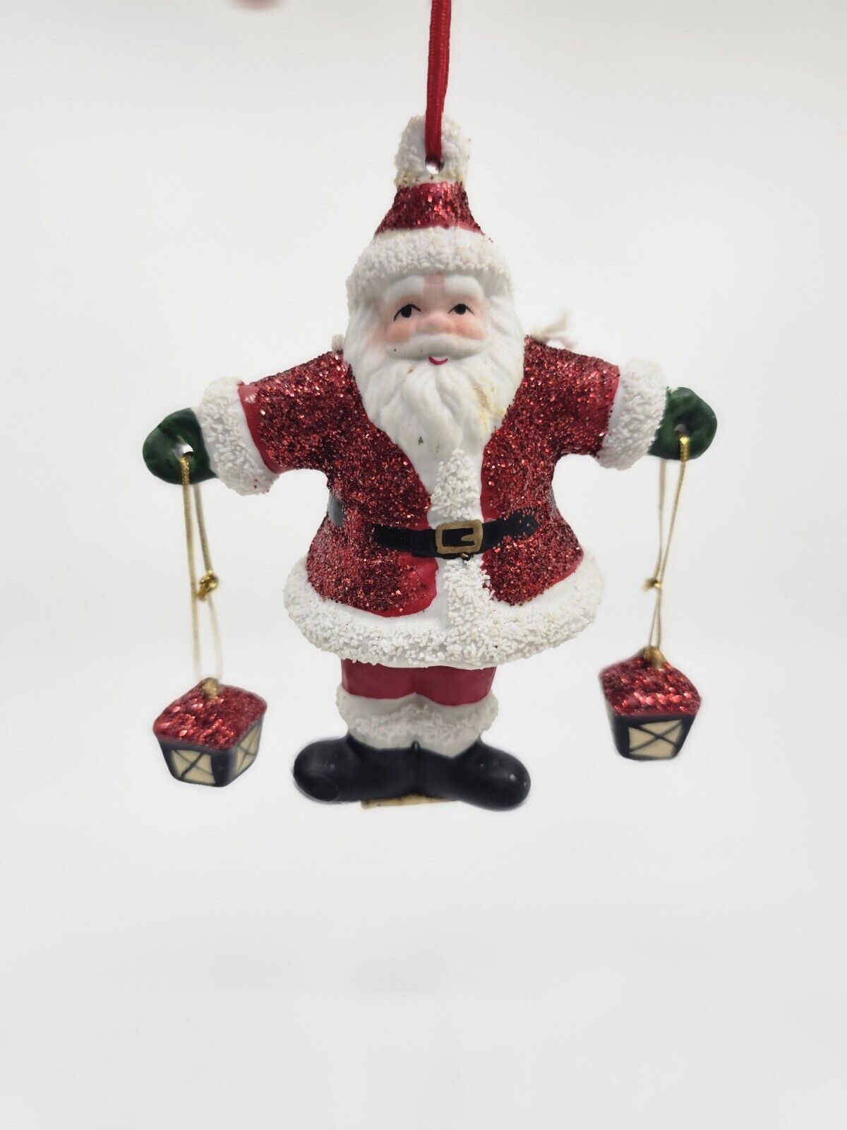 c.1960 Vintage Porcelain ~SANTA CLAUSE~ Christmas Tree Ornament w/ RARE LANTERNS
