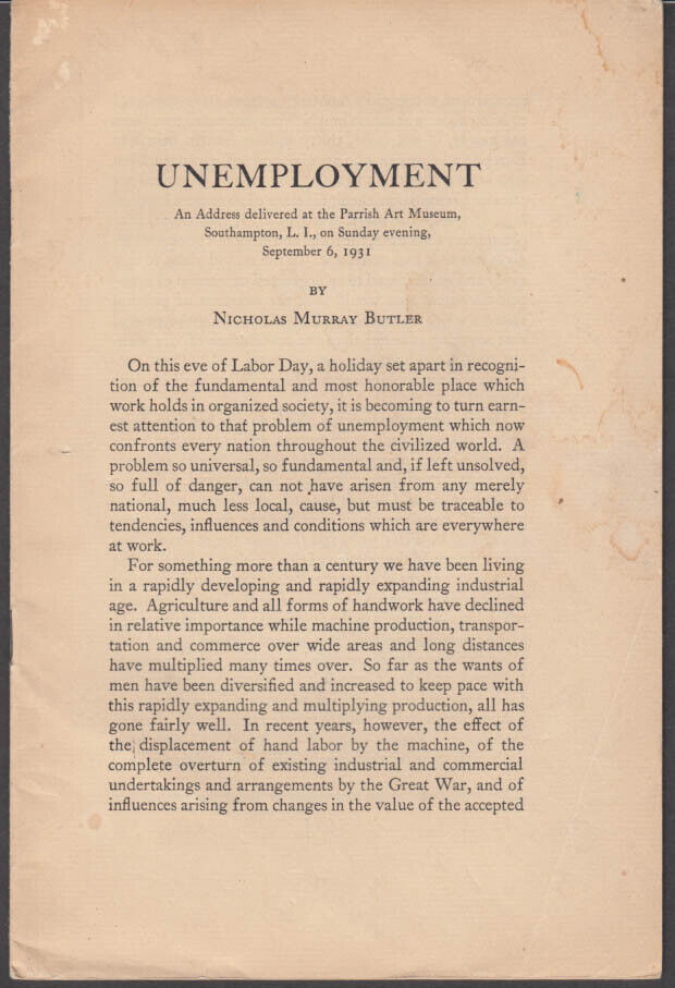Nicholas Murray Butler: Unemployment: Parrish Art Museum Address 1931