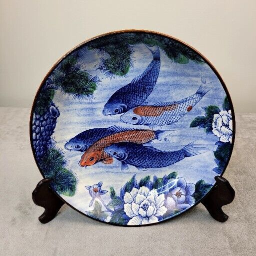 Vintage Japanese Toyo Koi Fish Pond Porcelain Large Bowl 14.5\