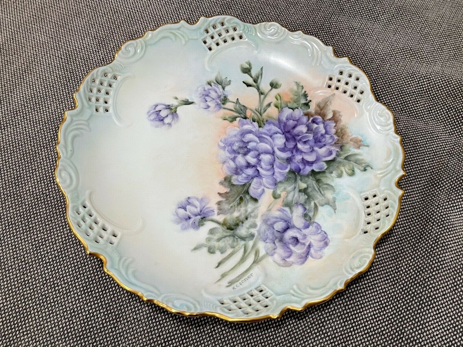 Antique Pierced Porcelain Cabinet Plate w/ Purple Flowers Signed K. Connor