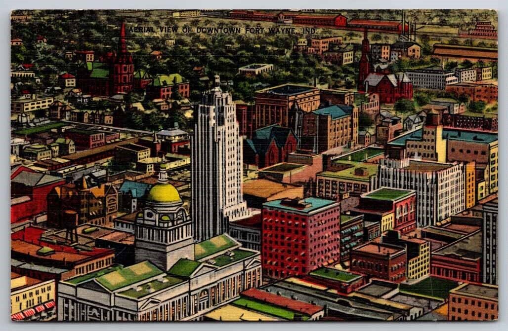 eStampsNet - Downtown Fort Wayne IN Indiana Aerial View Linen Postcard 