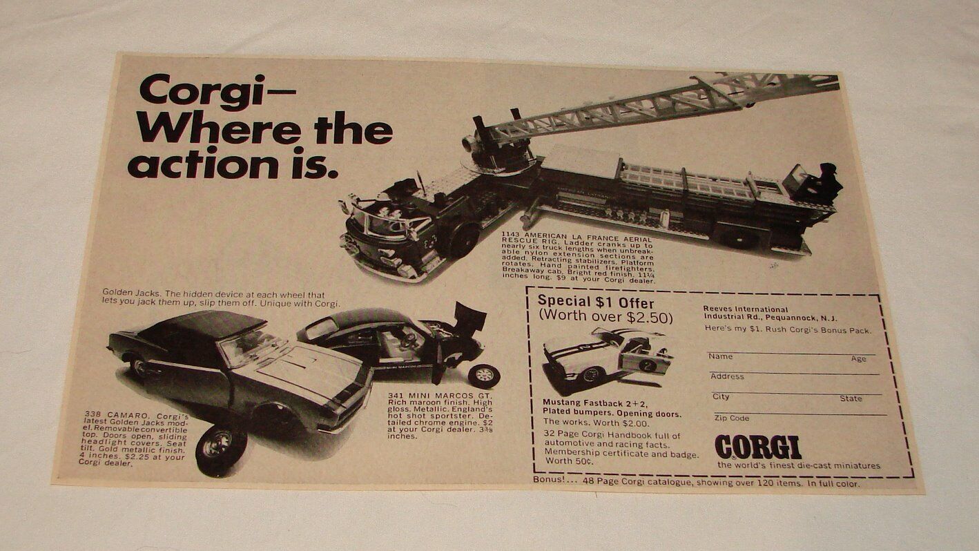 1968 CORGI cars ad ~ AMERICAN LA FRANCE AERIAL RESCUE RIG,CAMARO,MINI MARCOS GT