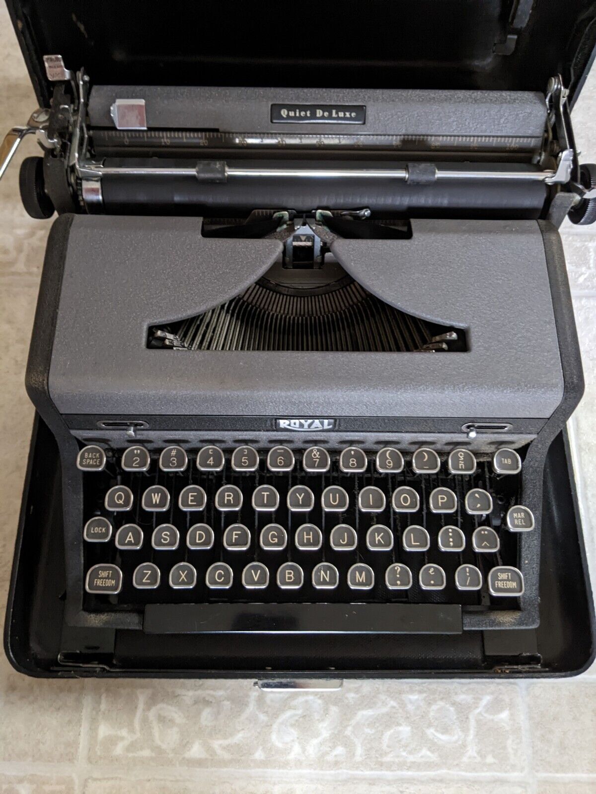 Vintage Royal Quiet DeLuxe Black & Gray Portable Typewriter, Case, Manual. Works