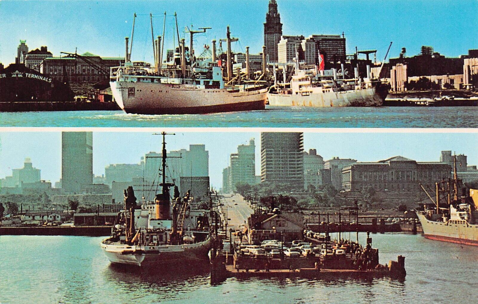 SS South American Cleveland Ohio Harbor Skyline Ship Freighter Vtg Postcard D4