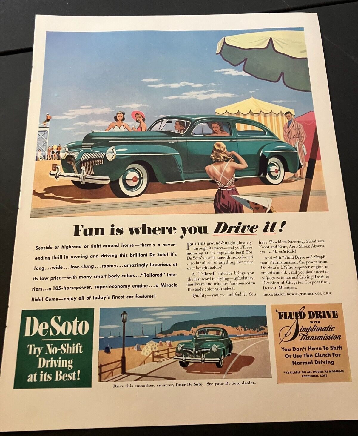 Green 1941 DeSoto De Luxe 2-Door - Vintage Original Color Print Ad Wall Art NICE