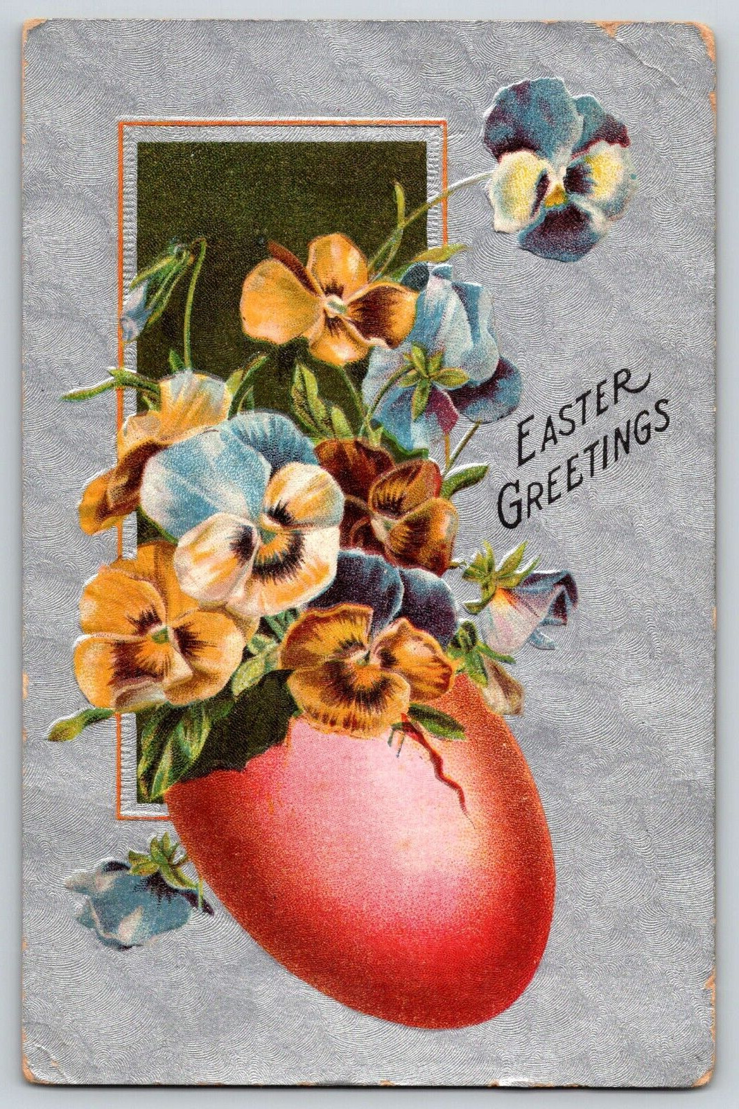 Postcard Easter Greetings - Egg w Flowers on Silver - Embossed