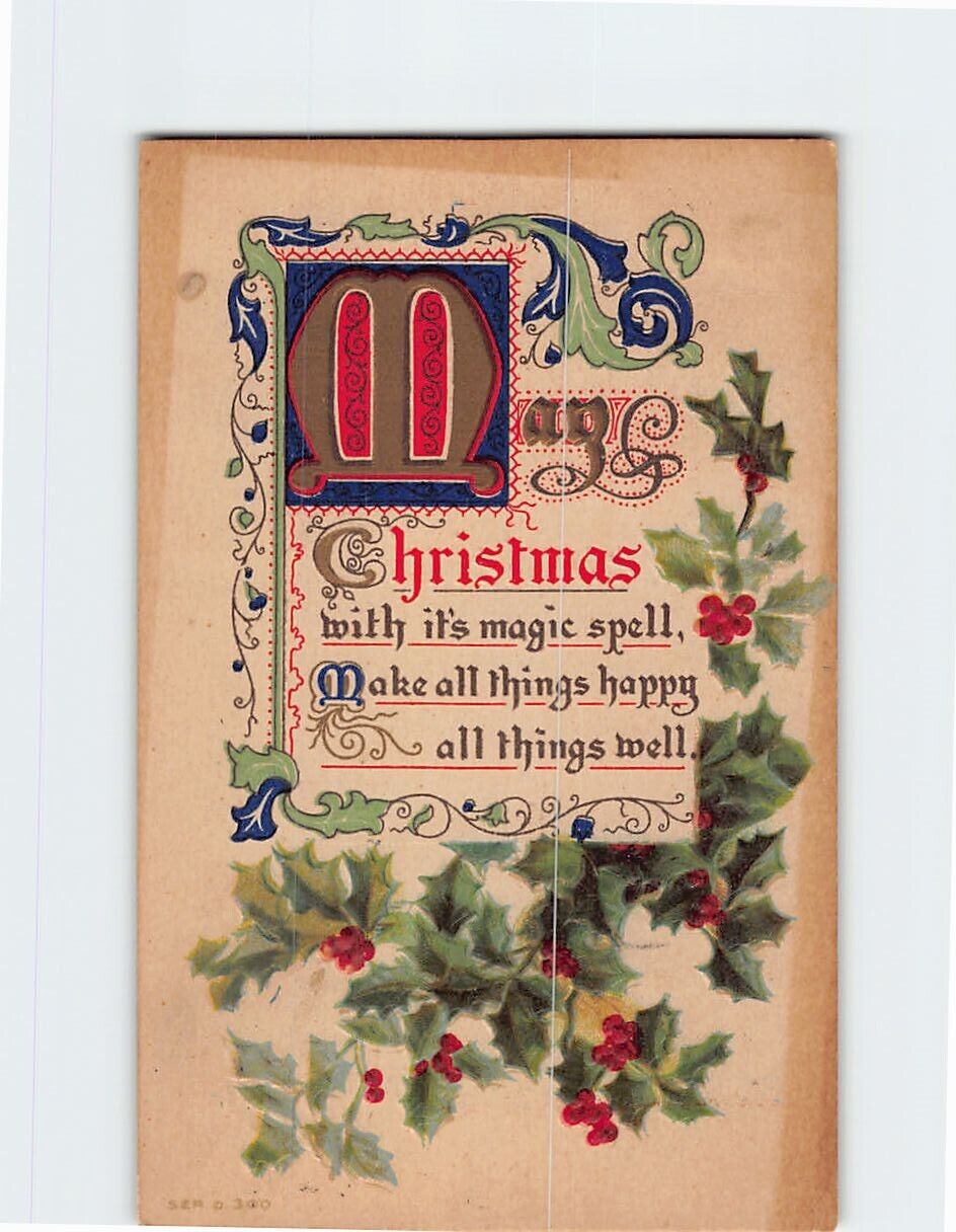 Postcard Christmas Greetings  Christmas Holly Art Print Embossed Card
