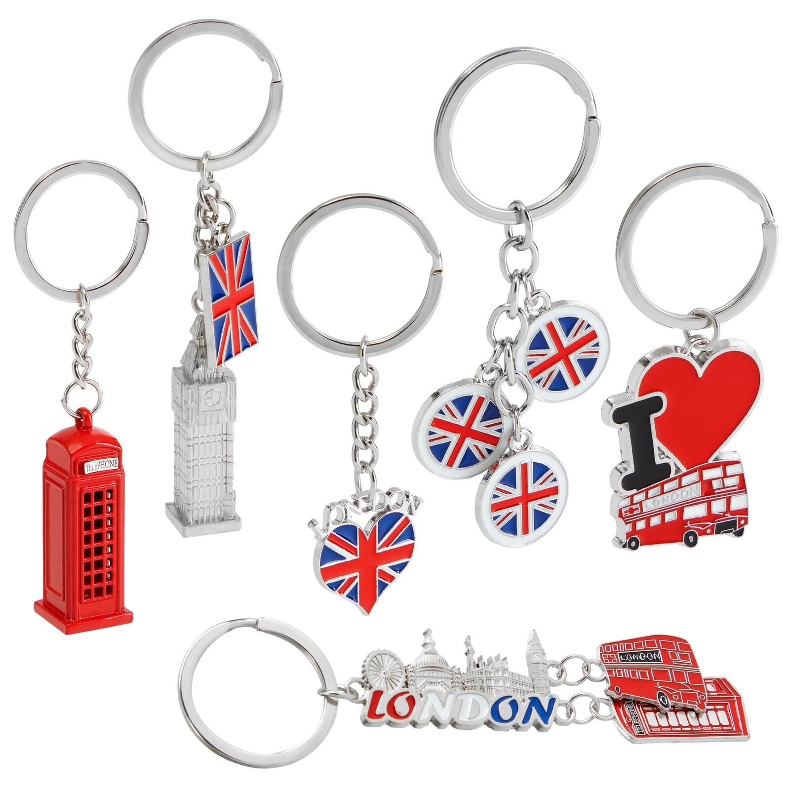 6 Pcs England UK London Keychains, British Souvenir Gift, Metal Key Rings