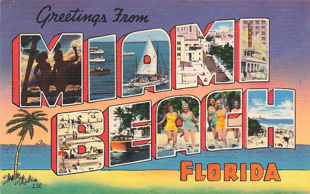 Large Letter Greetings From Miami Beach Florida FL Linen P547
