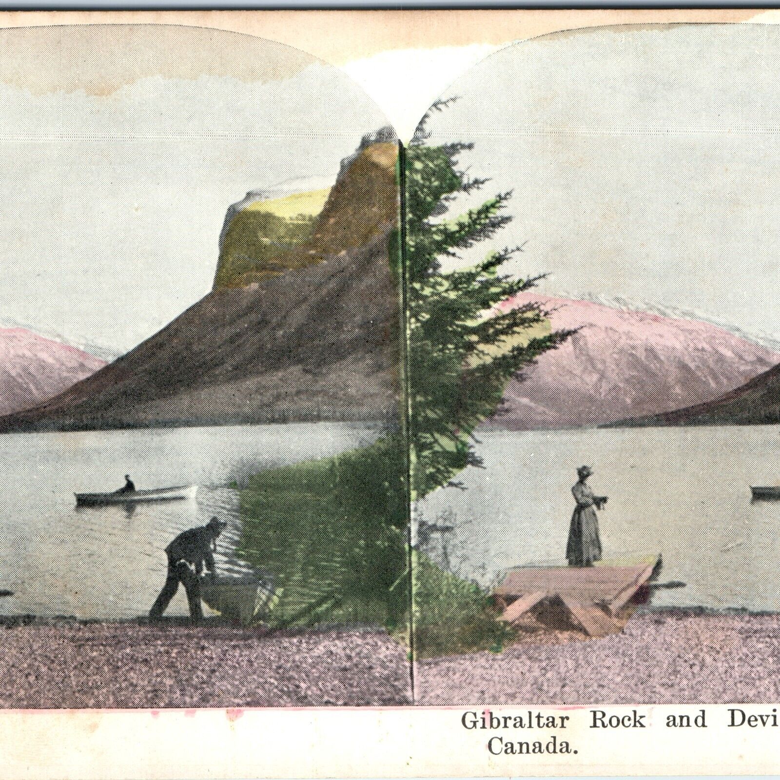 c1900s Banff, Canada Stereo Card Gibraltar Rock Devil\'s Lake Victorian Woman V11
