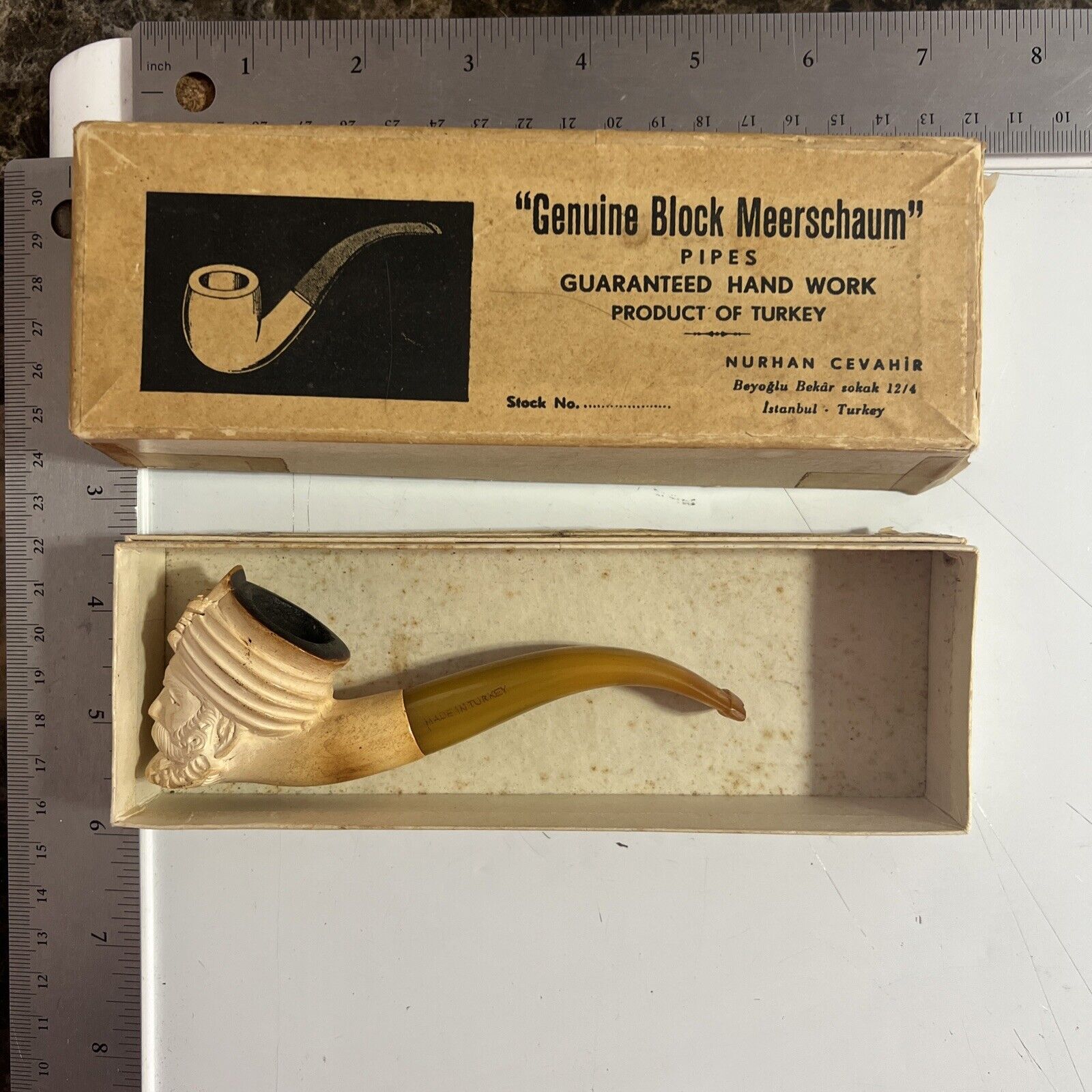 Turkish Hand CARVED BLOCK MEERSCHAUM PIPE SULTAN w/ TURBAN with original box