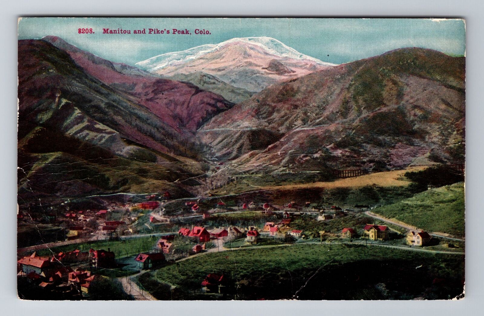 Pike\'s Peak CO-Colorado, Aerial Of Manitou And Town, Antique, Vintage Postcard