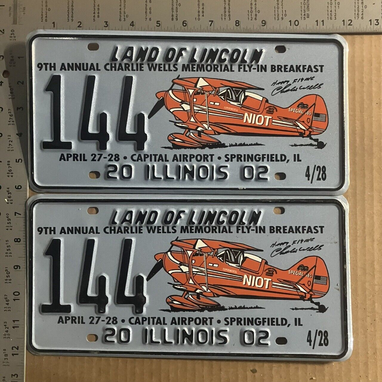 2002 Illinois license plate pair 144 Charlie Wells fly-in WOW BIPLANE 14789