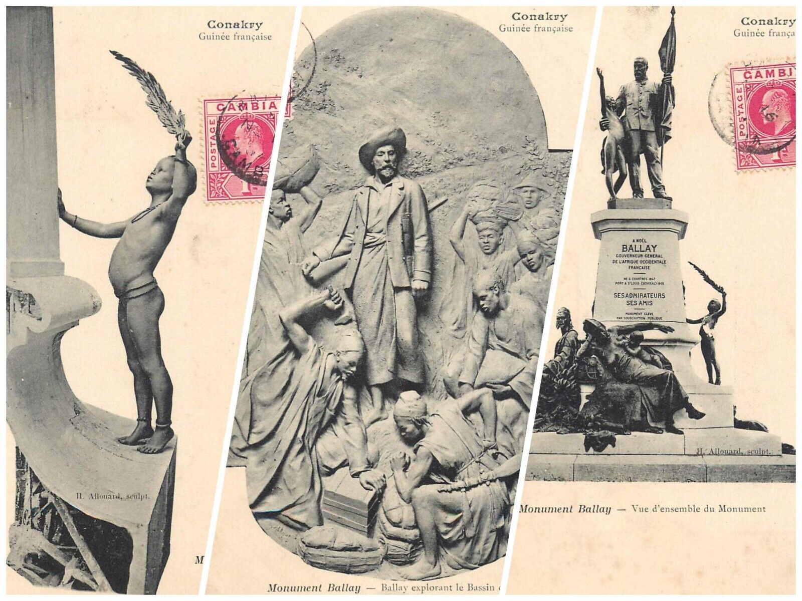 Lot of 3 postcards French Guinea Conakry Monument Ballay Gambia TCV stamps 1900s