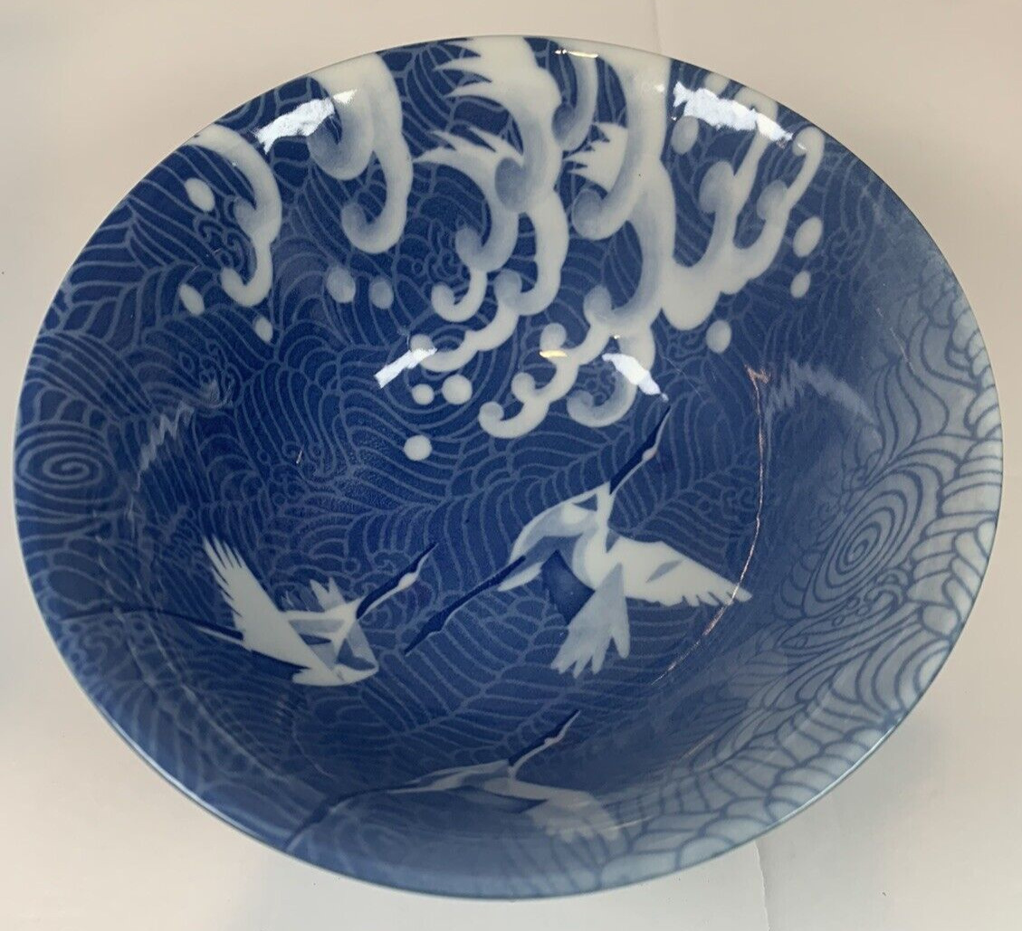 Kotobuki Japan Rice Soup Bowl Ornate Glaze Flying Cranes and Waves Japan