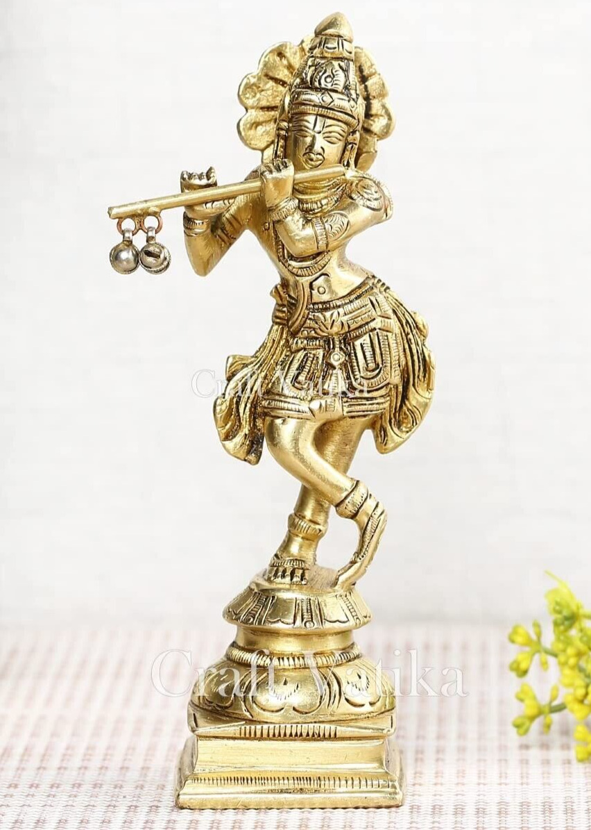 Golden Brass Krishna Statue- The Divine Flute Player Adds Serenity to Your Space