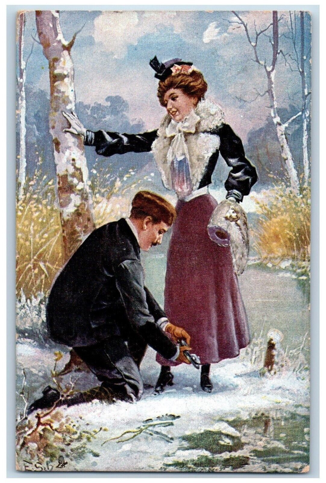 Tuck Postcard Couple Romance Fixing Shoes Winter Scene Handwarmer c1910\'s Posted