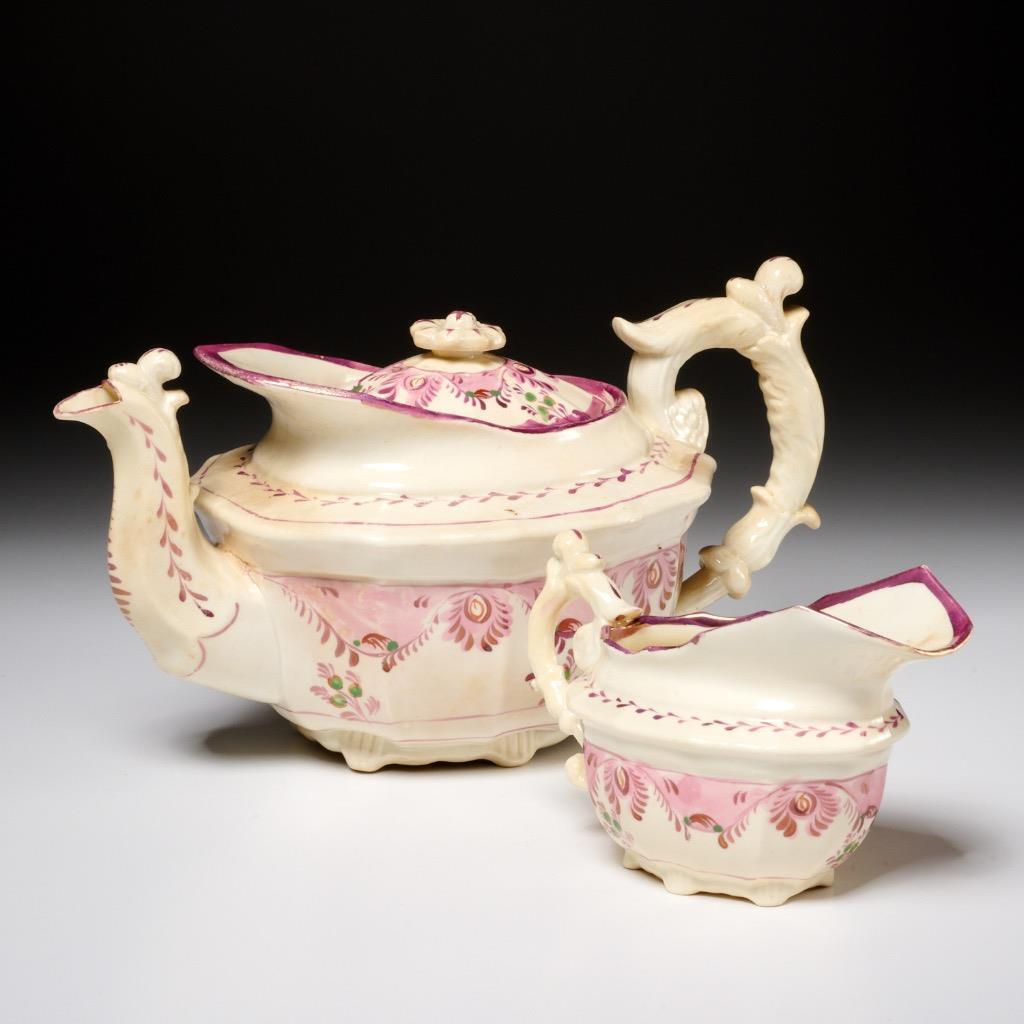Unusual Ornate Continental Antq/Vintage Teapot & Creamer Pink Gilt 2-pc lot