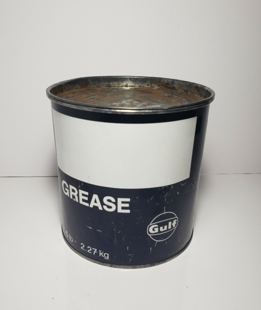 Vintage GULF Grease Can 5lb Canada Blue/White 