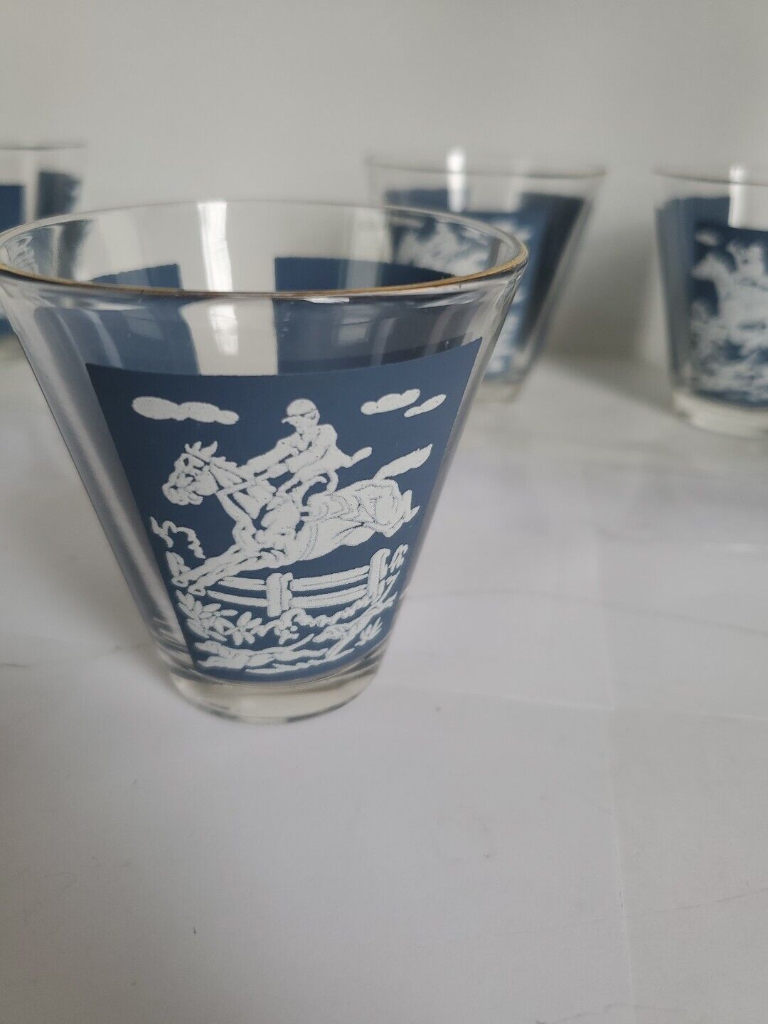 Vintage Set Of 4 Wedgewood Glass Tumbler Hazel Arlas Mid-century Equestrian Cups