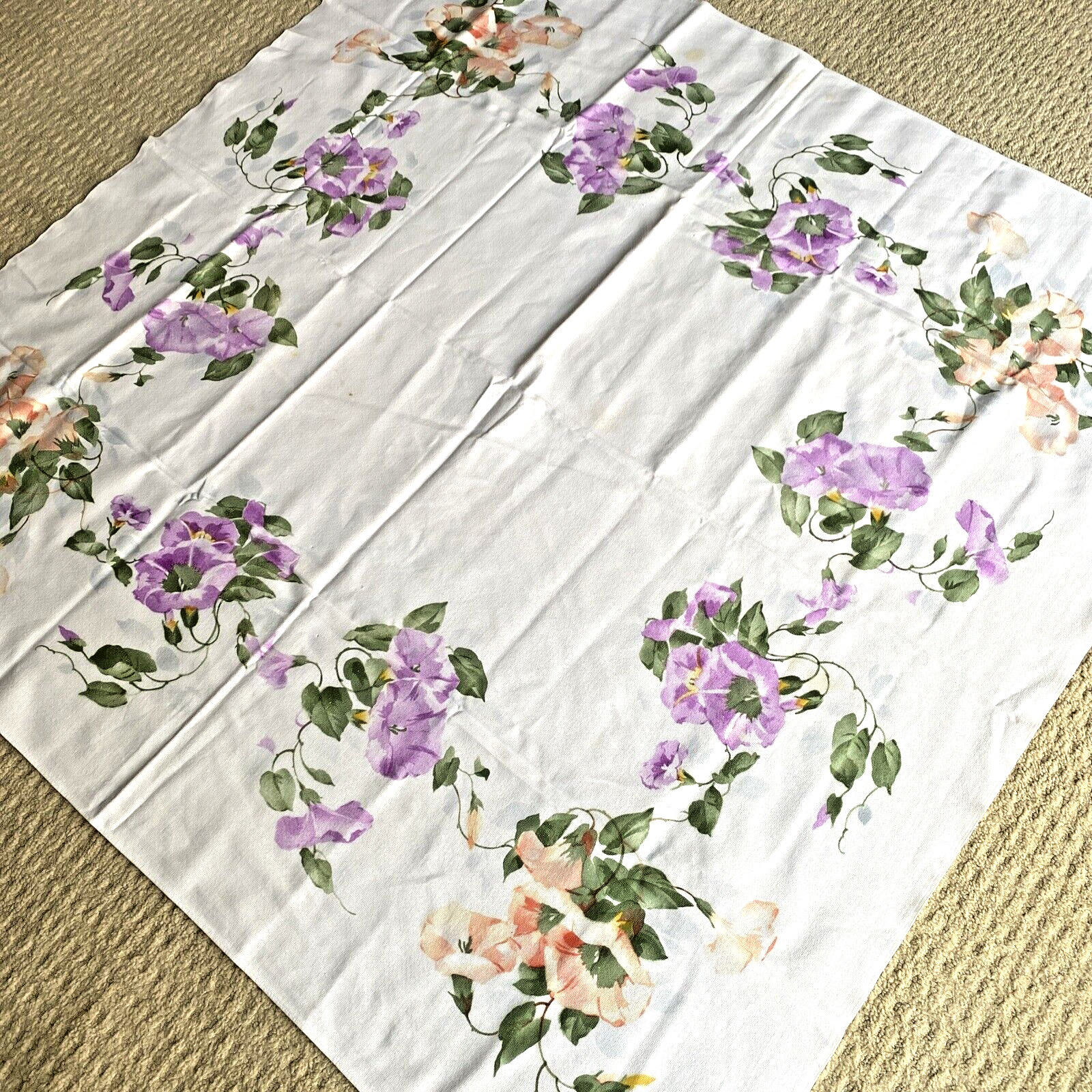 VTG Cotton Tablecloth Cottage Floral Morning Glory Florak Border Peach Purple