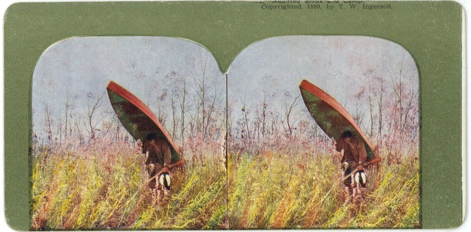 c1900's Printing Error Colorized Stereoview Hunting for Ducks. Hunter With Canoe