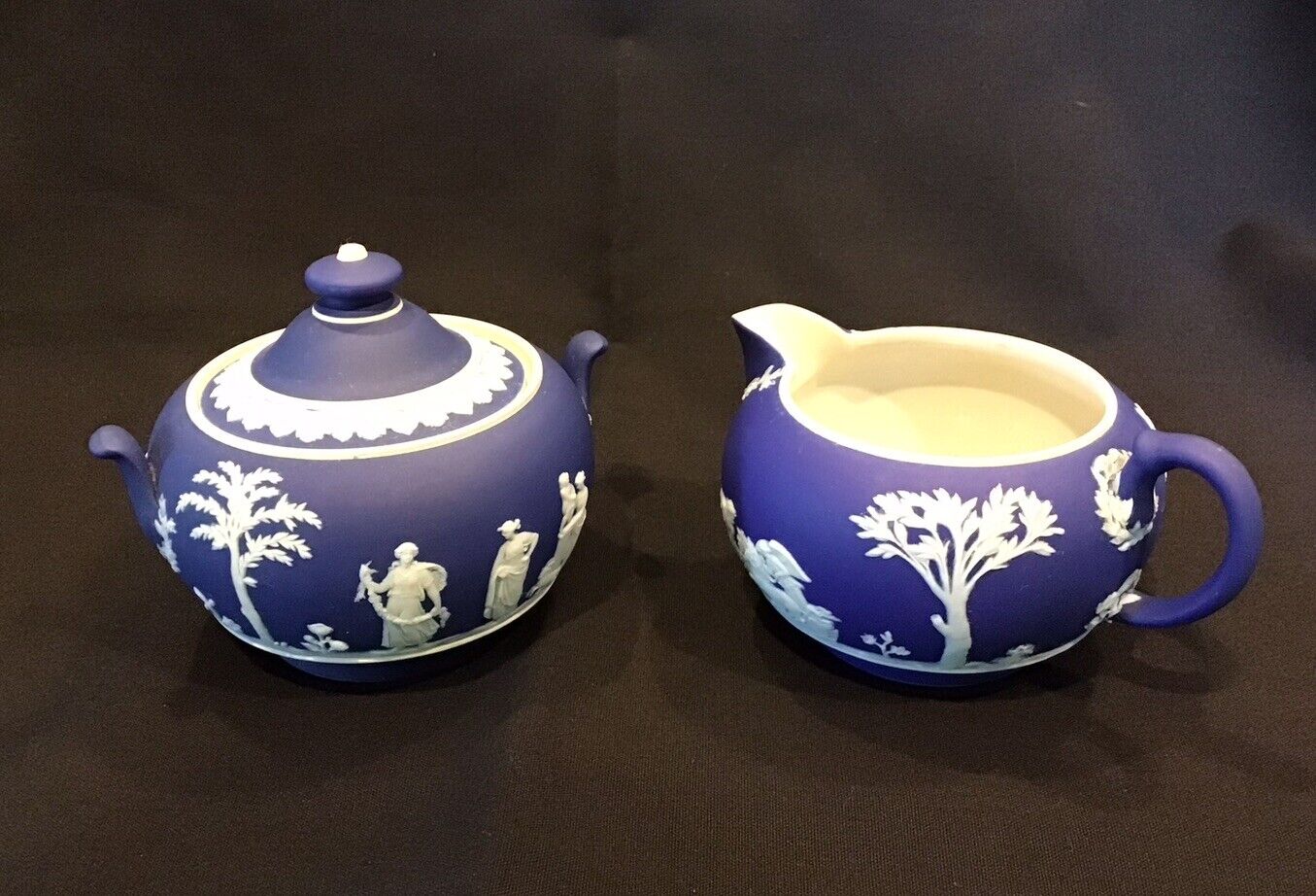 Wedgwood Jasperware Portland Blue Neoclassical Creamer and Sugar Bowl ENGLAND