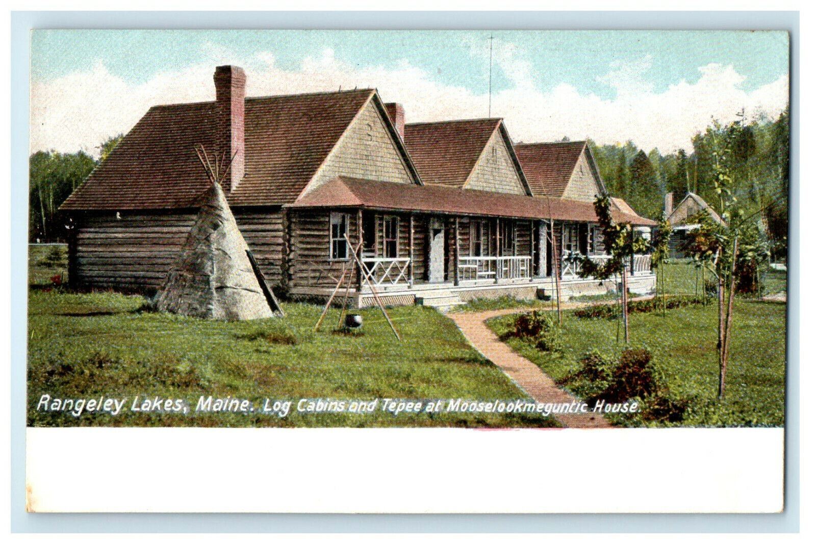 c1905s Log Cabins, Mouselookmeguntic House, Rangeley Lakes, Maine Postcard