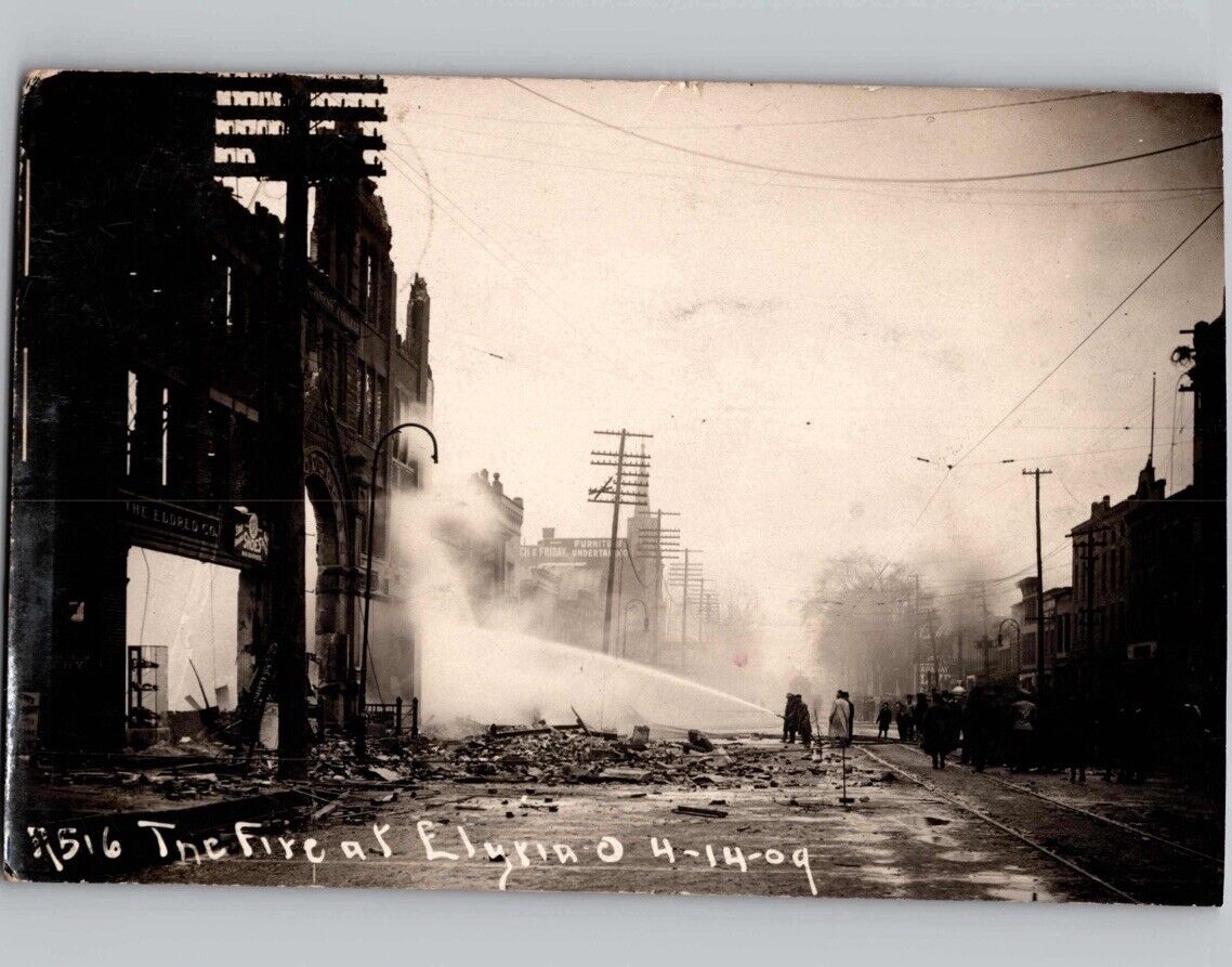 c1909 Fire On Middle Avenue Ave Elyria Ohio OH RPPC Real Photo Postcard
