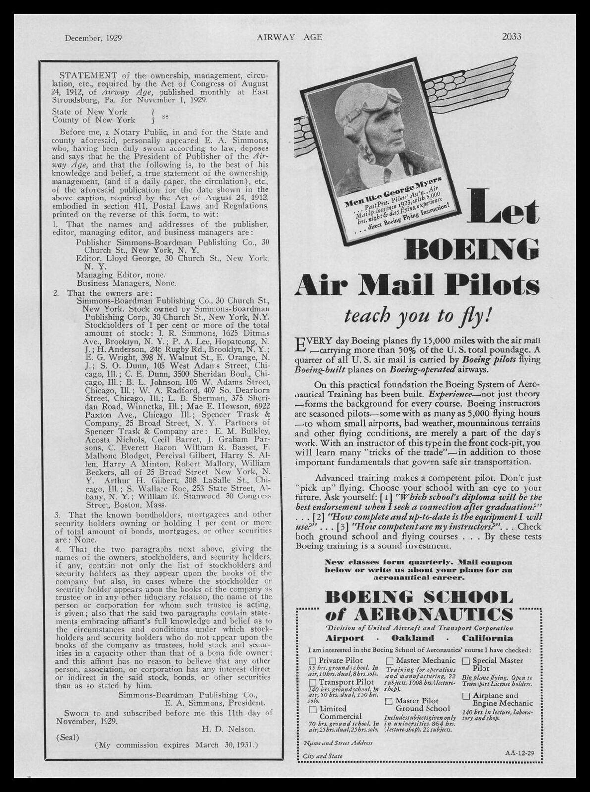 1929 Boeing School Of Aeronautics Oakland California Photo George Myers Print Ad