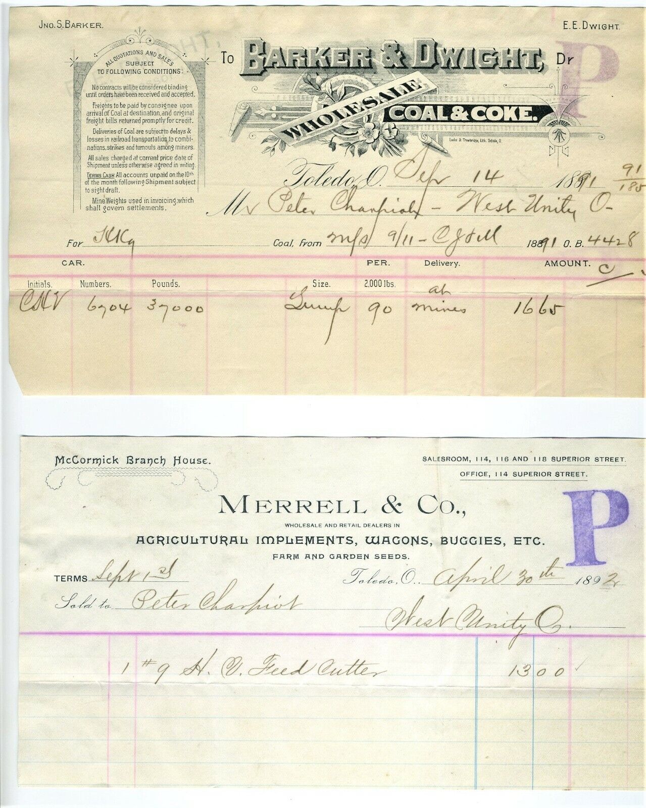 1891-1892 TOLEDO OHIO BILLHEADS, BARKER DWIGHT COAL & COKE, MERRELL (WAGONS) CO 