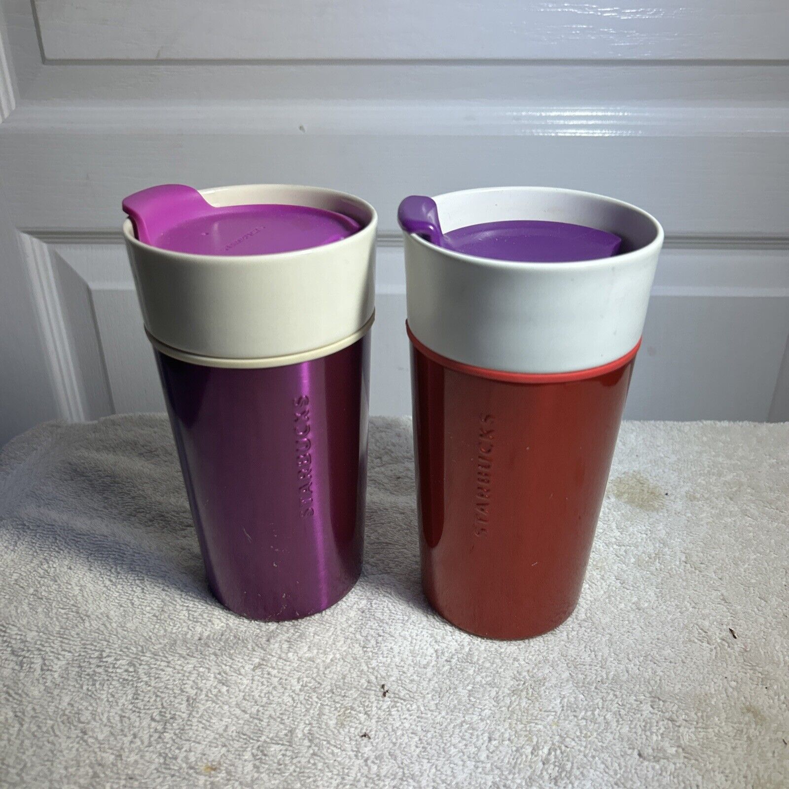 Lot Of 2 Starbucks Pink & Red Stainless Steel & Ceramic Cups 12 Oz With Lids