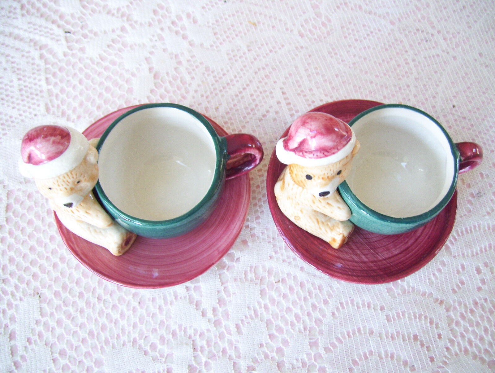 Vintage Pair 2 Bear Cup & Saucer Ceramic Candle Holder Sherwood Brands R.I. Inc 