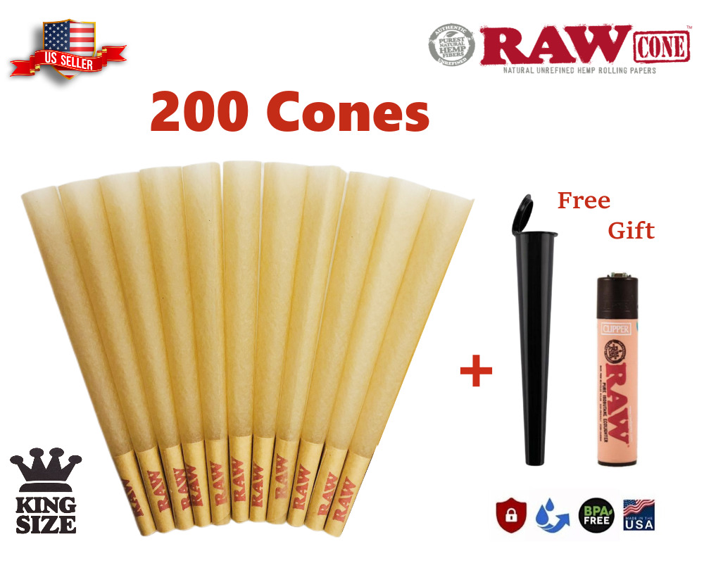 Authentic RAW Classic King Size Pre-Rolled Cones 200 Pack & Free Clipper Lighter