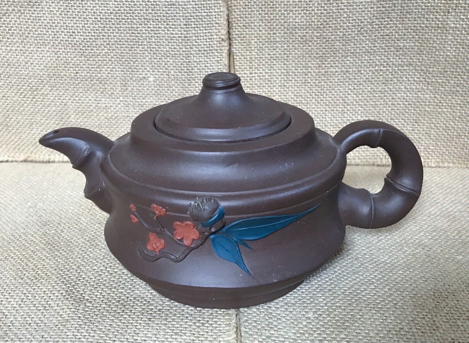 Small Asian Yixing Clay Brown Floral Teapot Orange Flowers Art Pottery