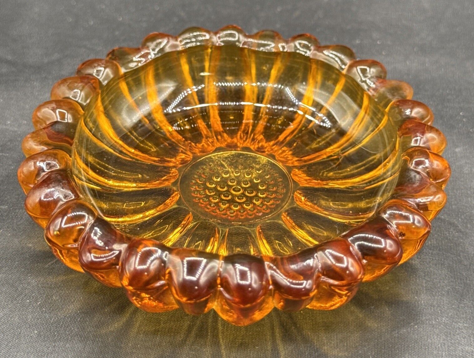 Vintage Sunflower Amber Glass Ashtray