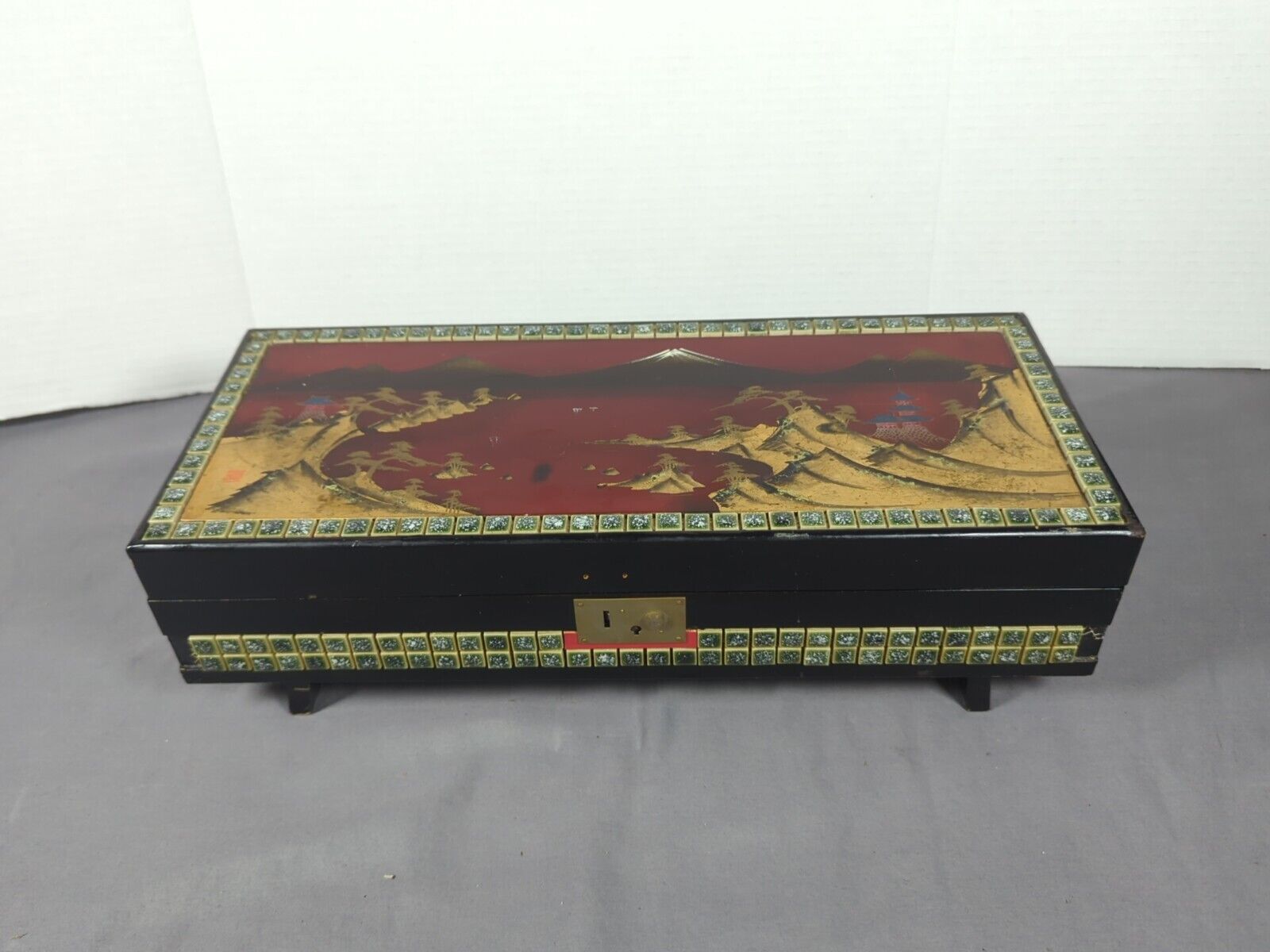 Vintage Black Lacquer Music Jewelry Box Red Felt Ballerina*Works*