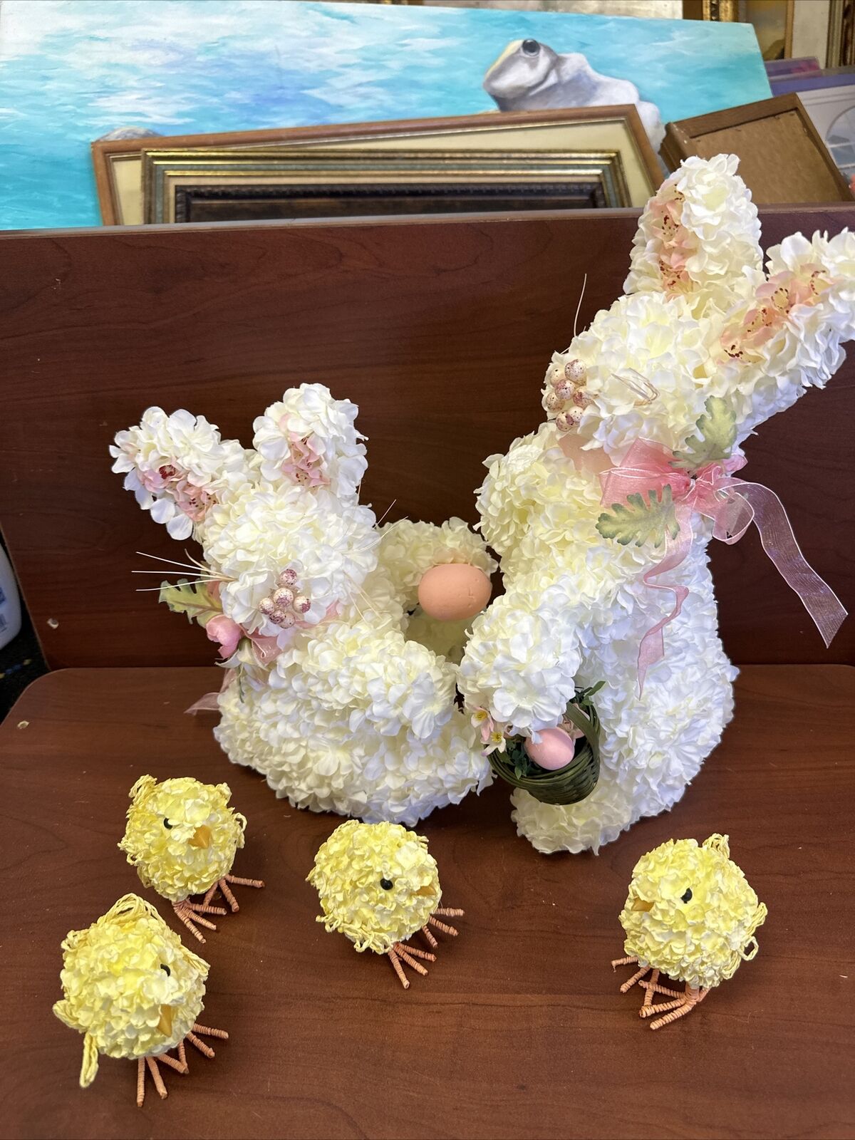 bunny figurines with Eggs  And Chickens Easter Decor