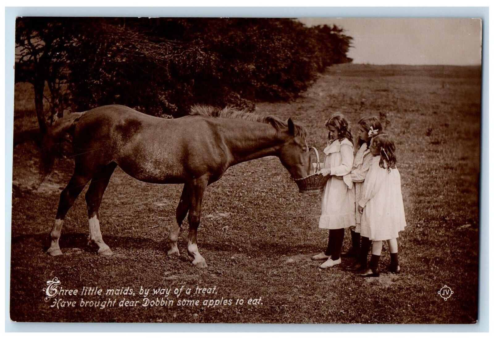 c1910\'s Three Little Maids Feeding Horse Dobbin RPPC Photo Antique Postcard