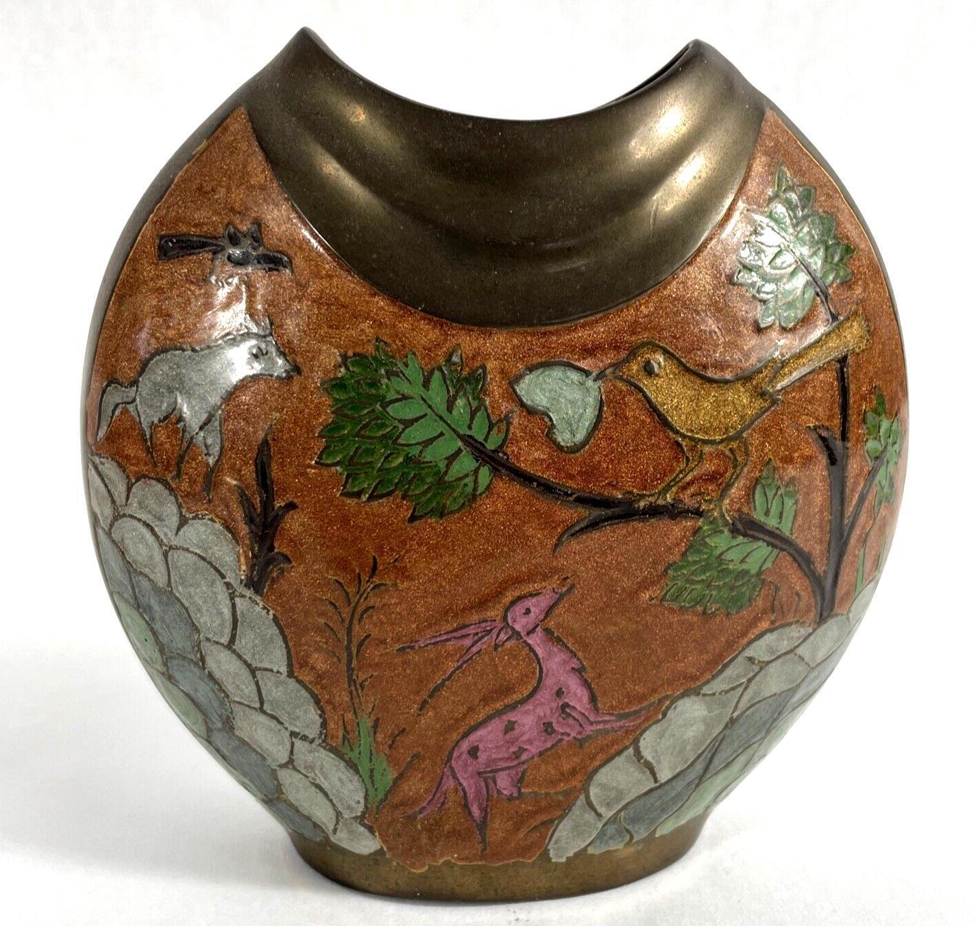 Vintage India Brass Enamel Vase Nature Animals Scene, 6 inches Tall