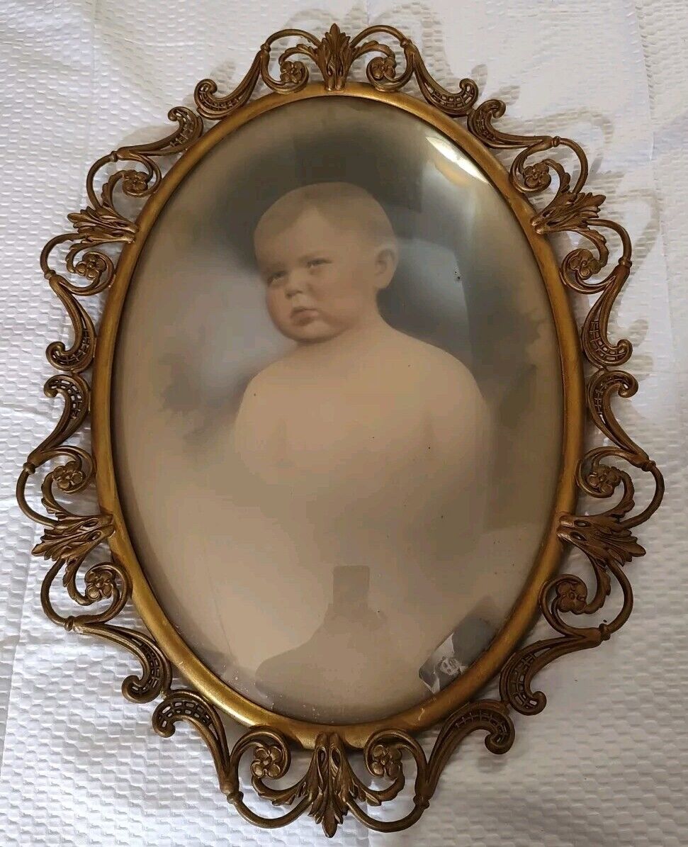 Antique Victorian Large Oval Brass Metal Frame Convex Bubble Glass Baby Picture