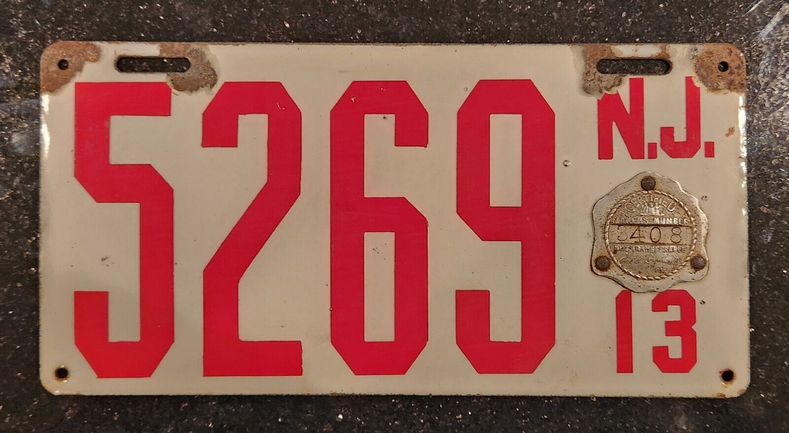 1913 New Jersey NJ Porcelain License Plate Car Tag Vehicle Vintage Registration