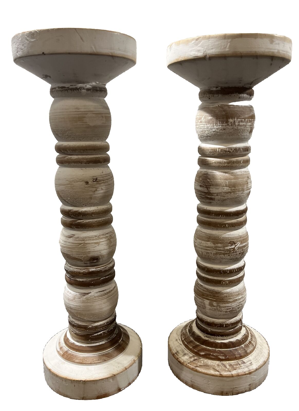 14” Tall Distressed Wooden Candle Stick Pair - Brown And Beige